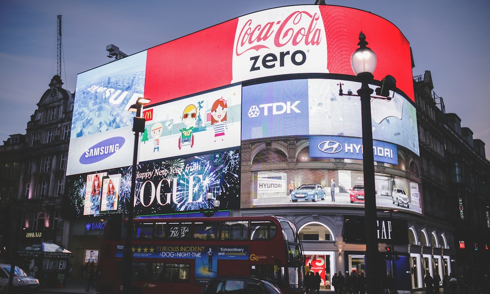 Building filled with advertisements