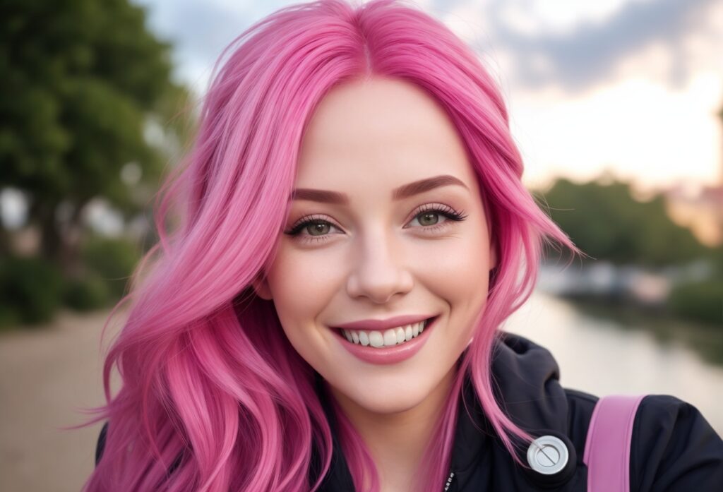 Pink Haired Influencer smilling