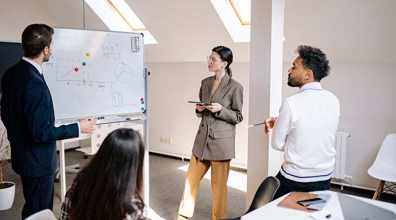 A group of empowered employees looking at the graphs on a whiteboard